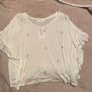 Flowy top with embroidered rainbow lightning bolts